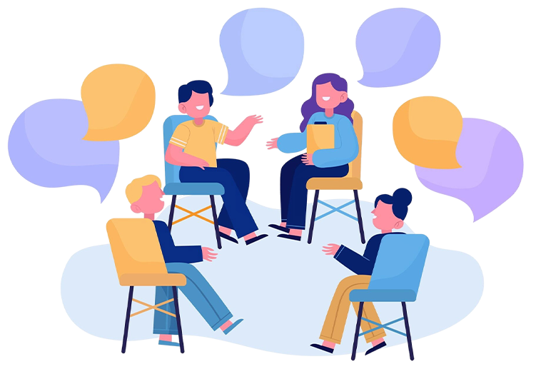 Une icône vectorielle au style simplifié, avec les couleurs jaune et bleu représentant une réunion thérapeutique.