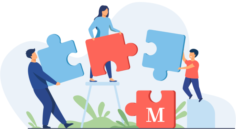 Une icône vectorielle au style simplifié, avec les couleurs bleu et rouge représentant une réunion thérapeutique familiale, illustrée par une métaphore de puzzle. La famille est en train de recoller des pièces de puzzle.