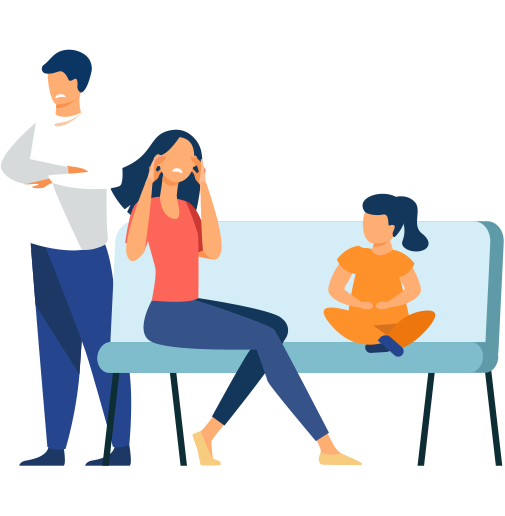 Une icône vectorielle au style simplifié, avec les couleurs bleu et rouge représentant une réunion thérapeutique familiale.